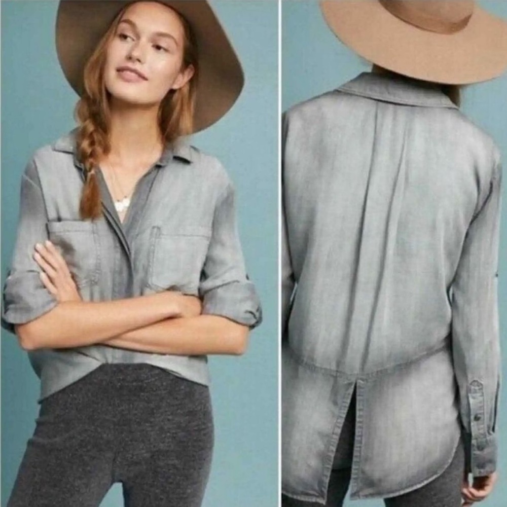 Cloth & Stone Gray Split-Back Chambray Top - image 1
